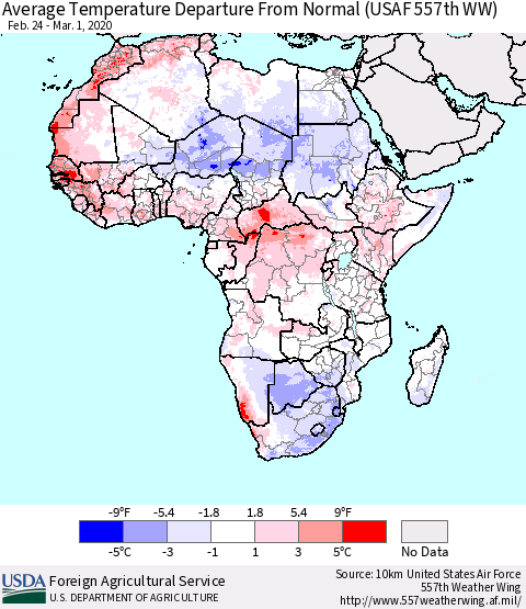 Africa Average Temperature Departure from Normal (USAF 557th WW) Thematic Map For 2/24/2020 - 3/1/2020