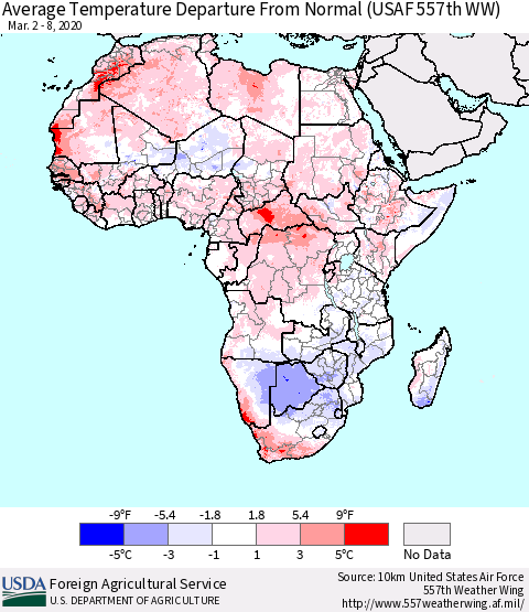 Africa Average Temperature Departure from Normal (USAF 557th WW) Thematic Map For 3/2/2020 - 3/8/2020