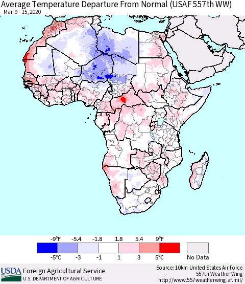 Africa Average Temperature Departure from Normal (USAF 557th WW) Thematic Map For 3/9/2020 - 3/15/2020