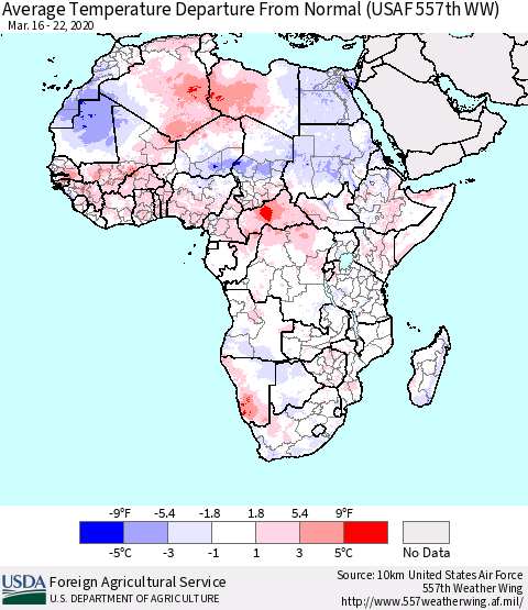Africa Average Temperature Departure from Normal (USAF 557th WW) Thematic Map For 3/16/2020 - 3/22/2020