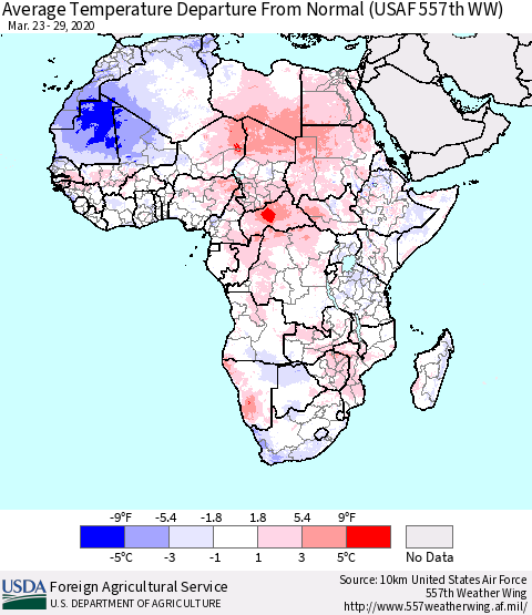 Africa Average Temperature Departure from Normal (USAF 557th WW) Thematic Map For 3/23/2020 - 3/29/2020