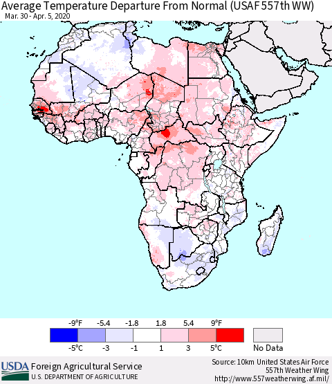 Africa Average Temperature Departure from Normal (USAF 557th WW) Thematic Map For 3/30/2020 - 4/5/2020