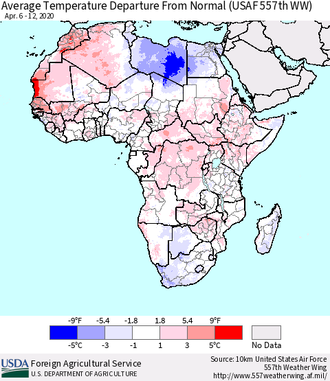 Africa Average Temperature Departure from Normal (USAF 557th WW) Thematic Map For 4/6/2020 - 4/12/2020