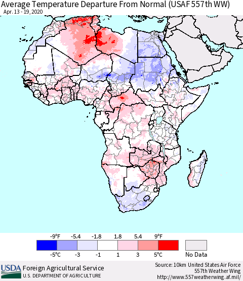 Africa Average Temperature Departure from Normal (USAF 557th WW) Thematic Map For 4/13/2020 - 4/19/2020
