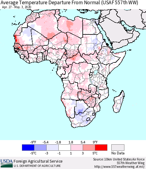 Africa Average Temperature Departure from Normal (USAF 557th WW) Thematic Map For 4/27/2020 - 5/3/2020