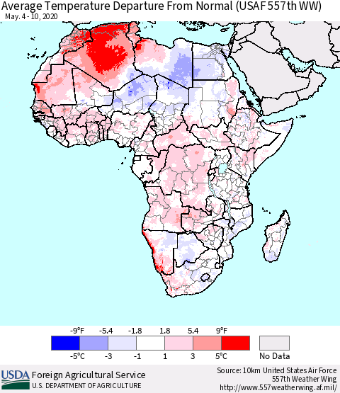 Africa Average Temperature Departure from Normal (USAF 557th WW) Thematic Map For 5/4/2020 - 5/10/2020