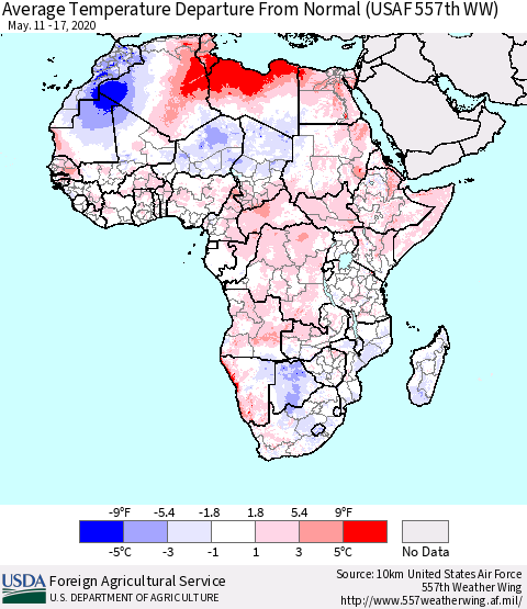 Africa Average Temperature Departure from Normal (USAF 557th WW) Thematic Map For 5/11/2020 - 5/17/2020
