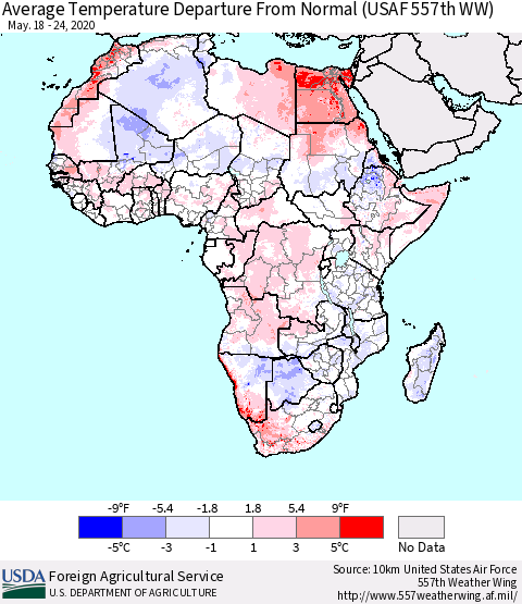Africa Average Temperature Departure from Normal (USAF 557th WW) Thematic Map For 5/18/2020 - 5/24/2020