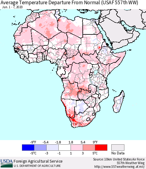 Africa Average Temperature Departure from Normal (USAF 557th WW) Thematic Map For 6/1/2020 - 6/7/2020