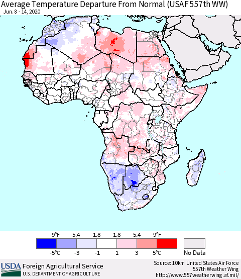 Africa Average Temperature Departure from Normal (USAF 557th WW) Thematic Map For 6/8/2020 - 6/14/2020