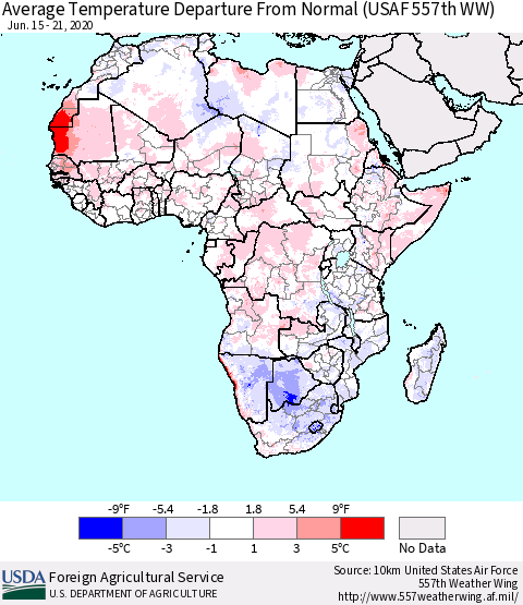 Africa Average Temperature Departure from Normal (USAF 557th WW) Thematic Map For 6/15/2020 - 6/21/2020