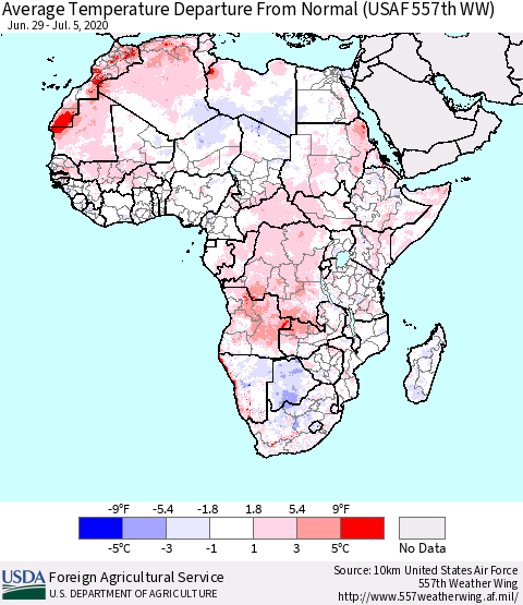 Africa Average Temperature Departure from Normal (USAF 557th WW) Thematic Map For 6/29/2020 - 7/5/2020