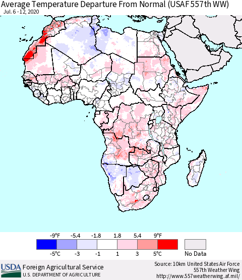 Africa Average Temperature Departure from Normal (USAF 557th WW) Thematic Map For 7/6/2020 - 7/12/2020