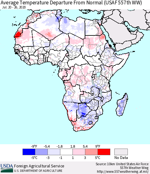 Africa Average Temperature Departure from Normal (USAF 557th WW) Thematic Map For 7/20/2020 - 7/26/2020