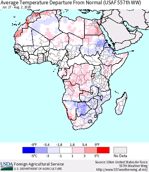 Africa Average Temperature Departure from Normal (USAF 557th WW) Thematic Map For 7/27/2020 - 8/2/2020