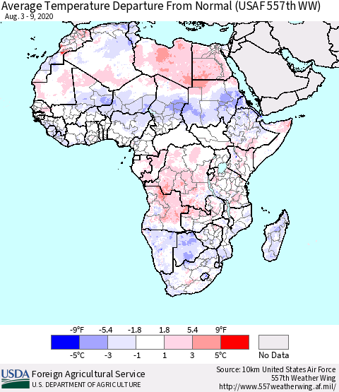 Africa Average Temperature Departure from Normal (USAF 557th WW) Thematic Map For 8/3/2020 - 8/9/2020