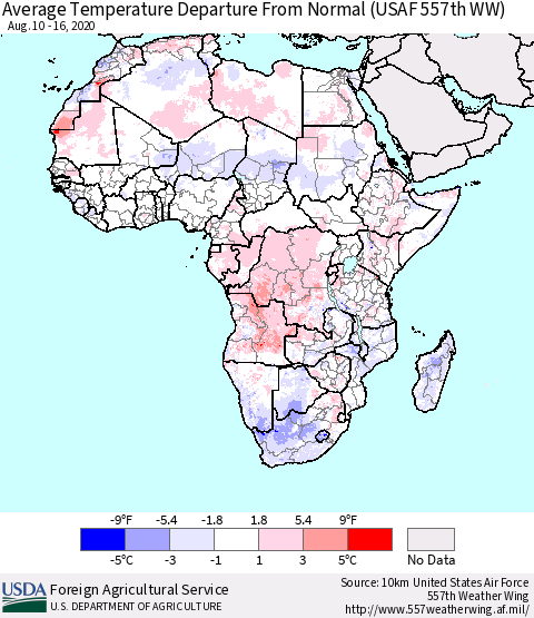 Africa Average Temperature Departure from Normal (USAF 557th WW) Thematic Map For 8/10/2020 - 8/16/2020