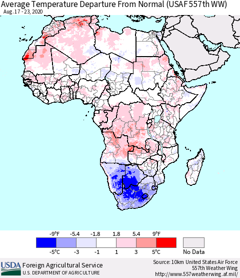 Africa Average Temperature Departure from Normal (USAF 557th WW) Thematic Map For 8/17/2020 - 8/23/2020