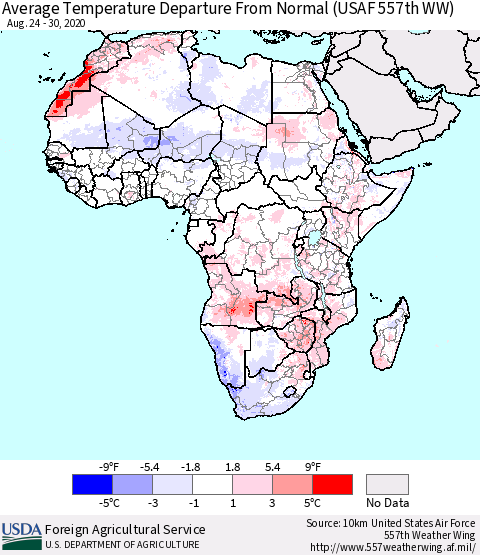 Africa Average Temperature Departure from Normal (USAF 557th WW) Thematic Map For 8/24/2020 - 8/30/2020