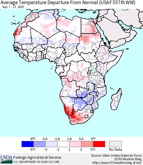 Africa Average Temperature Departure from Normal (USAF 557th WW) Thematic Map For 9/7/2020 - 9/13/2020