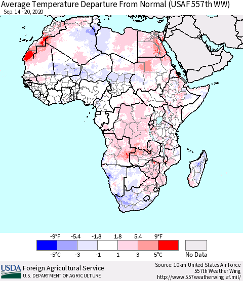 Africa Average Temperature Departure from Normal (USAF 557th WW) Thematic Map For 9/14/2020 - 9/20/2020