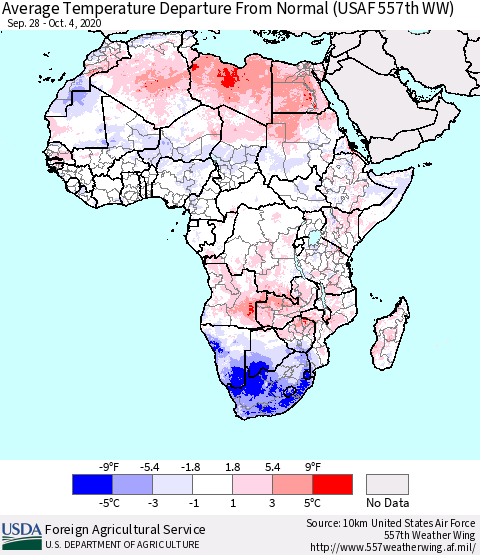 Africa Average Temperature Departure from Normal (USAF 557th WW) Thematic Map For 9/28/2020 - 10/4/2020