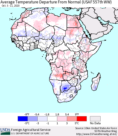 Africa Average Temperature Departure From Normal (USAF 557th WW) Thematic Map For 10/5/2020 - 10/11/2020