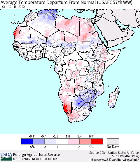 Africa Average Temperature Departure from Normal (USAF 557th WW) Thematic Map For 10/12/2020 - 10/18/2020