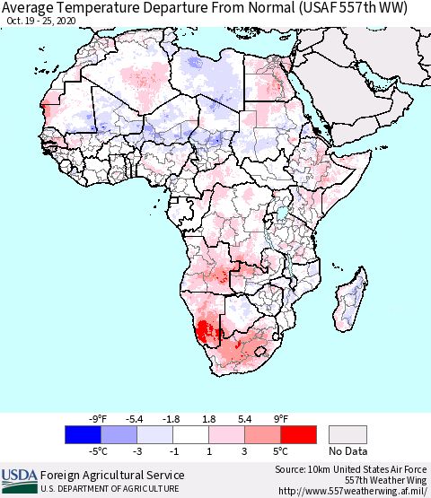 Africa Average Temperature Departure from Normal (USAF 557th WW) Thematic Map For 10/19/2020 - 10/25/2020