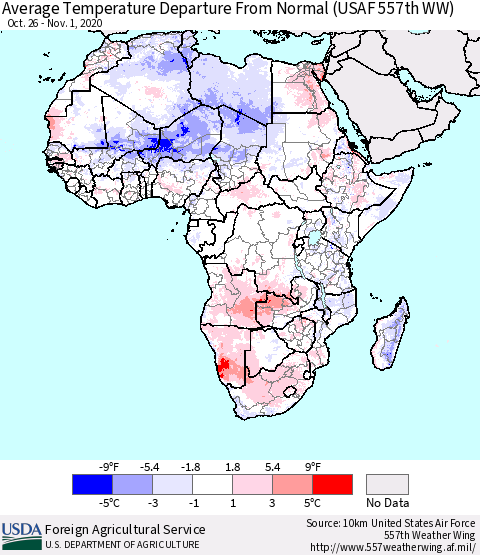 Africa Average Temperature Departure from Normal (USAF 557th WW) Thematic Map For 10/26/2020 - 11/1/2020