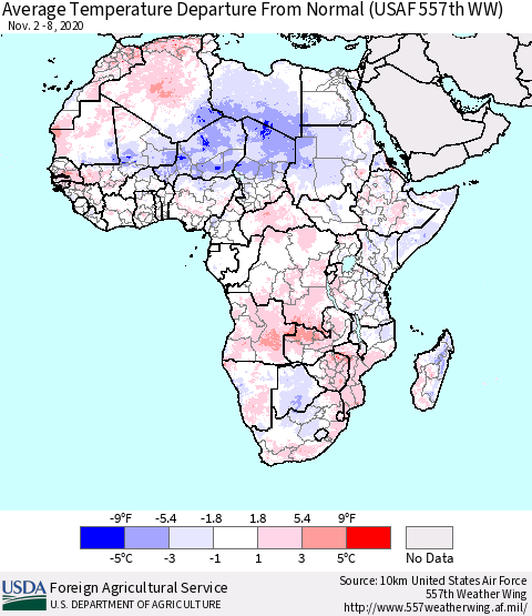 Africa Average Temperature Departure from Normal (USAF 557th WW) Thematic Map For 11/2/2020 - 11/8/2020