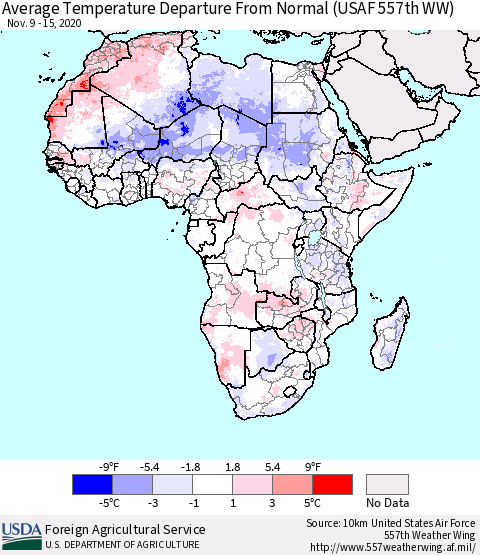 Africa Average Temperature Departure From Normal (USAF 557th WW) Thematic Map For 11/9/2020 - 11/15/2020