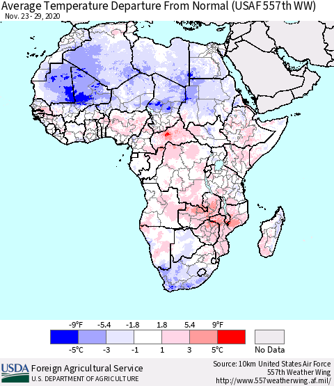Africa Average Temperature Departure from Normal (USAF 557th WW) Thematic Map For 11/23/2020 - 11/29/2020