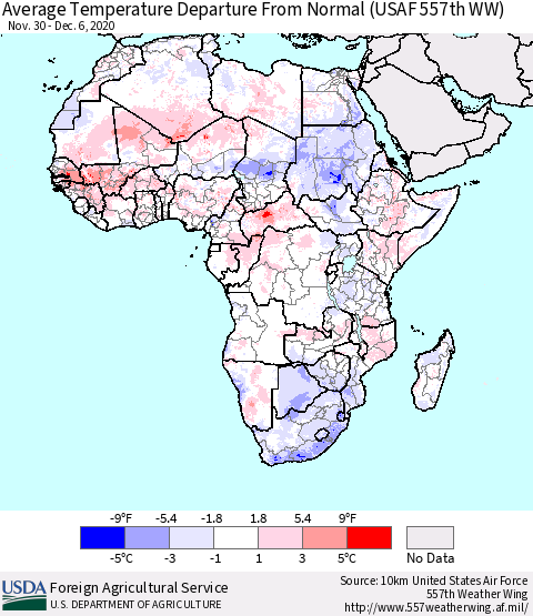 Africa Average Temperature Departure from Normal (USAF 557th WW) Thematic Map For 11/30/2020 - 12/6/2020