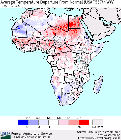 Africa Average Temperature Departure from Normal (USAF 557th WW) Thematic Map For 12/7/2020 - 12/13/2020