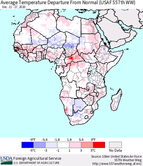 Africa Average Temperature Departure from Normal (USAF 557th WW) Thematic Map For 12/21/2020 - 12/27/2020