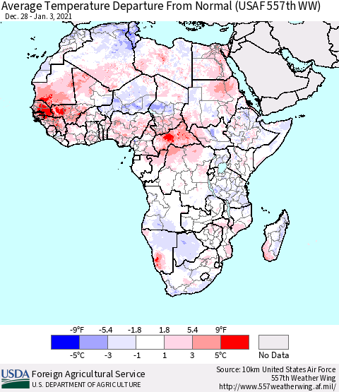 Africa Average Temperature Departure From Normal (USAF 557th WW) Thematic Map For 12/28/2020 - 1/3/2021