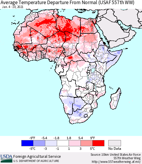 Africa Average Temperature Departure from Normal (USAF 557th WW) Thematic Map For 1/4/2021 - 1/10/2021