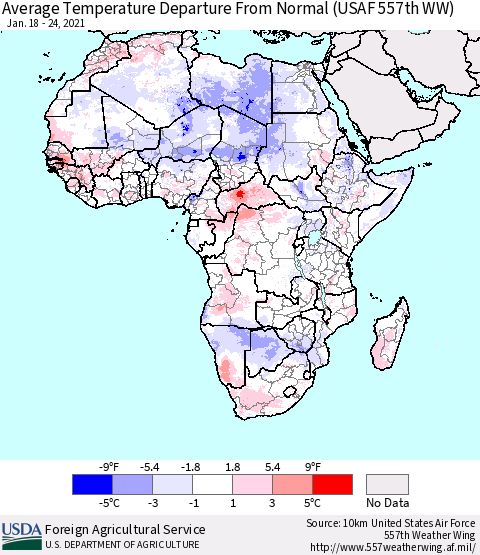 Africa Average Temperature Departure From Normal (USAF 557th WW) Thematic Map For 1/18/2021 - 1/24/2021