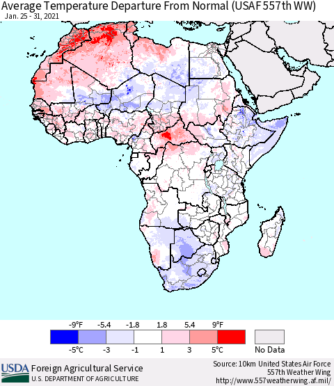Africa Average Temperature Departure from Normal (USAF 557th WW) Thematic Map For 1/25/2021 - 1/31/2021