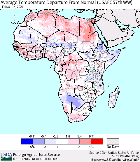 Africa Average Temperature Departure from Normal (USAF 557th WW) Thematic Map For 2/8/2021 - 2/14/2021