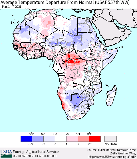 Africa Average Temperature Departure From Normal (USAF 557th WW) Thematic Map For 3/1/2021 - 3/7/2021
