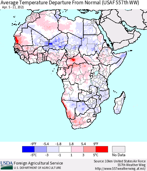 Africa Average Temperature Departure from Normal (USAF 557th WW) Thematic Map For 4/5/2021 - 4/11/2021