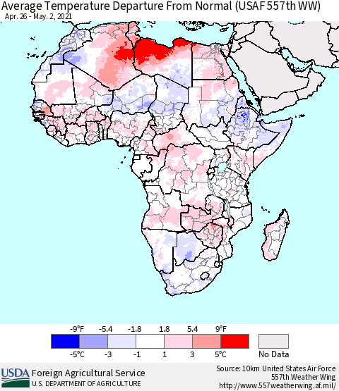 Africa Average Temperature Departure from Normal (USAF 557th WW) Thematic Map For 4/26/2021 - 5/2/2021