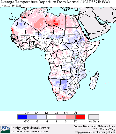 Africa Average Temperature Departure from Normal (USAF 557th WW) Thematic Map For 5/10/2021 - 5/16/2021