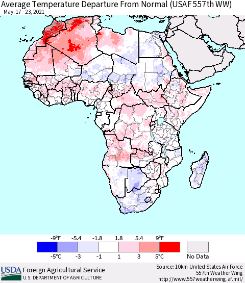 Africa Average Temperature Departure from Normal (USAF 557th WW) Thematic Map For 5/17/2021 - 5/23/2021
