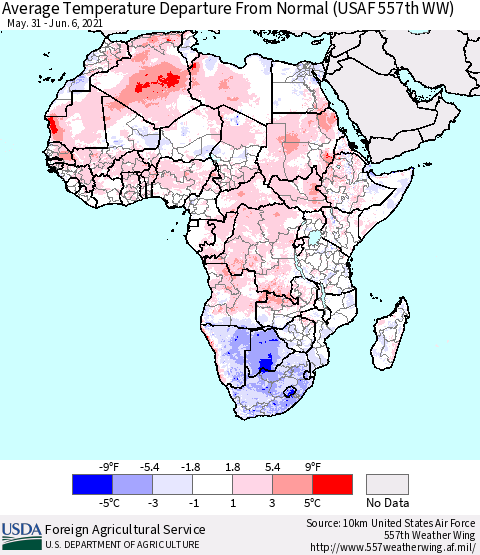 Africa Average Temperature Departure from Normal (USAF 557th WW) Thematic Map For 5/31/2021 - 6/6/2021