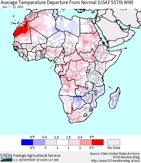 Africa Average Temperature Departure from Normal (USAF 557th WW) Thematic Map For 6/7/2021 - 6/13/2021