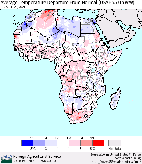 Africa Average Temperature Departure from Normal (USAF 557th WW) Thematic Map For 6/14/2021 - 6/20/2021