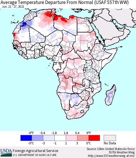 Africa Average Temperature Departure from Normal (USAF 557th WW) Thematic Map For 6/21/2021 - 6/27/2021
